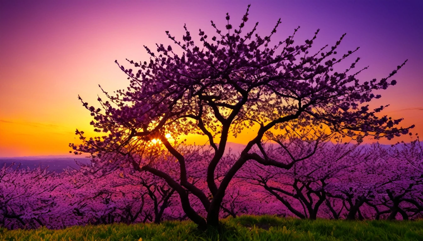 purple cherry blossom against sunset, really beautiful nature, cherry blossom in full bloom, purple beautiful sky, purple and yellow sunset, fantastic landscape, highly detailed