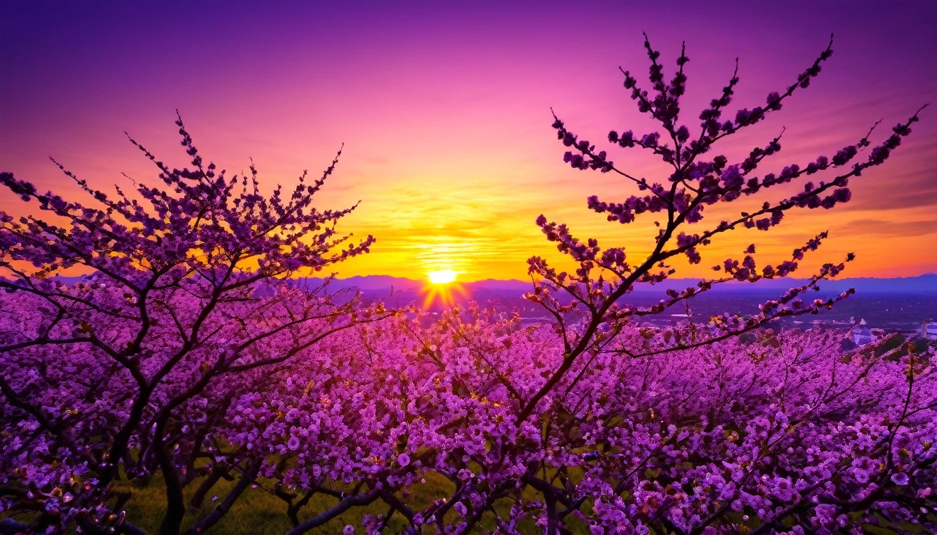 purple cherry blossom against sunset, really beautiful nature, cherry blossom in full bloom, purple beautiful sky, purple and yellow sunset, fantastic landscape, highly detailed