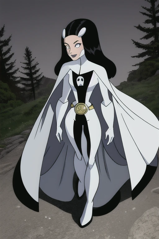 Phantom girl, Tinya Wazzo, solo, girl1, long black hair, bodysuit. grey eyes, smile, grey lips, belt, long white cape, white gloves, best quality, masterpiece, standing, forest, night, full body view