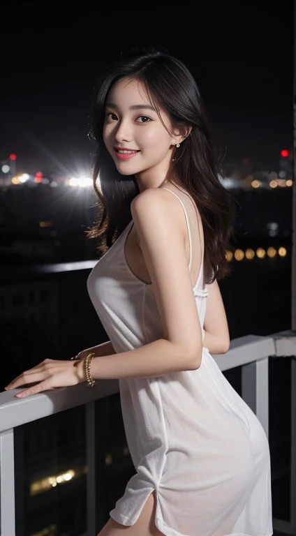 8K, masterpiece, RAW Photos, Highest quality, Realistic, 非常に詳細な CG ユニティ 8K 壁紙, Depth of written boundary, Cinematic Light, Lens flare, Ray Tracing, (Very beautiful face, Beautiful Lips, Beautiful Eyes), Exquisitely detailed face, ((Highly detailed skin)) One girl, In the Dark, Deep Shadow, Cute Asian Girl, ((View your viewers)),(big smile), (Blurred Background), midnight, (pretty girl), Earrings, bracelet, necklace, Clear Eyes, (Pale skin), Look forward, (Big eyes), (View your viewers), Large Breasts ,((smile)), rooftop, Dim lighting, ((night)), Cityscape, blue eyes, Golden Dress, Mini Dress, Open chest, Balcony, Very slim, (Medium sized butt), See-through dress, Thick thighs