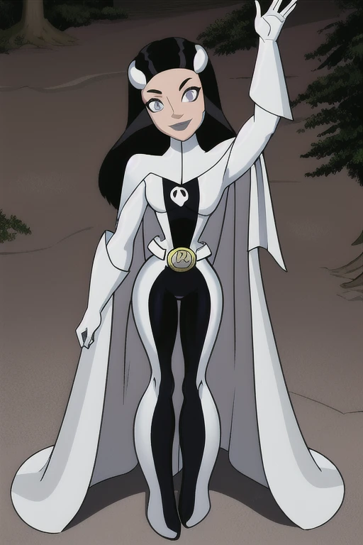 Phantom girl, Tinya Wazzo, solo, girl1, long black hair, bodysuit. grey eyes, smile, grey lips, belt, long white cape, white gloves, best quality, masterpiece, standing, forest, night, full body view