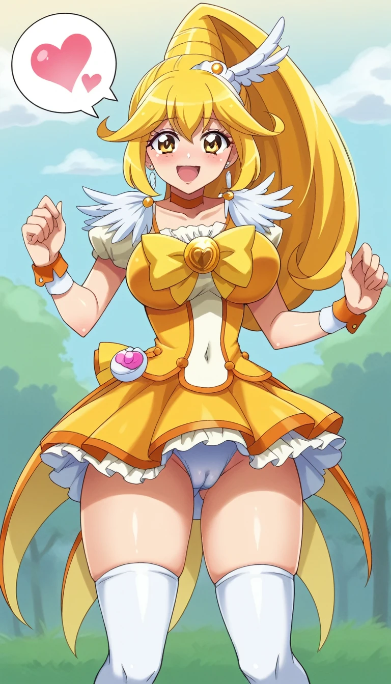 score_9, score_8_up, score_7_up, outdoor,
BREAK
source_anime,
BREAK
1girl, curepeace, ponytail, yellow hair, elect big nipple, huge breasts, happy, spoken heart,
navel, wing hair ornament, wrist cuffs, friled skirt, thighhighs,
tall, leggy, glistened skin, oiled skin, shiny skin, heavy breathing, wide hips, tight waist, thick thighs,
contrapposto, cameltoe,
looking_at_viewer,