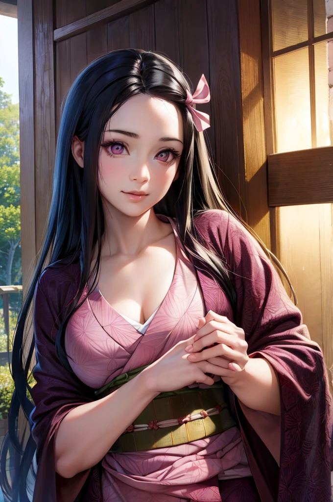 masterpiece, best quality, highly detailed, ultra high res, (photorealistic:1.8), unreal_engine, photograph, realistic_skin_texture, nezuko, kamado nezuko, 1girl, solo, long hair, black hair, pink eyes, multicolored hair, hair ribbon, (bamboo gag, bite gag), portrait, looking at viewer, seductive smile, pink kimono, own hands together, rialistic photo、Real Images、Top image quality、​masterpiece, (Pink kimono), seductived faced, good lighting, beautiful thigh、adult appeal、Adults、Big、cleavage, finely detail, ​masterpiece,I can see my panties、 radiant eyes, 1girl in, A dark-haired, SUCK, Kamado Nezuko, wisteria background, ​masterpiece, top-quality, POV,,