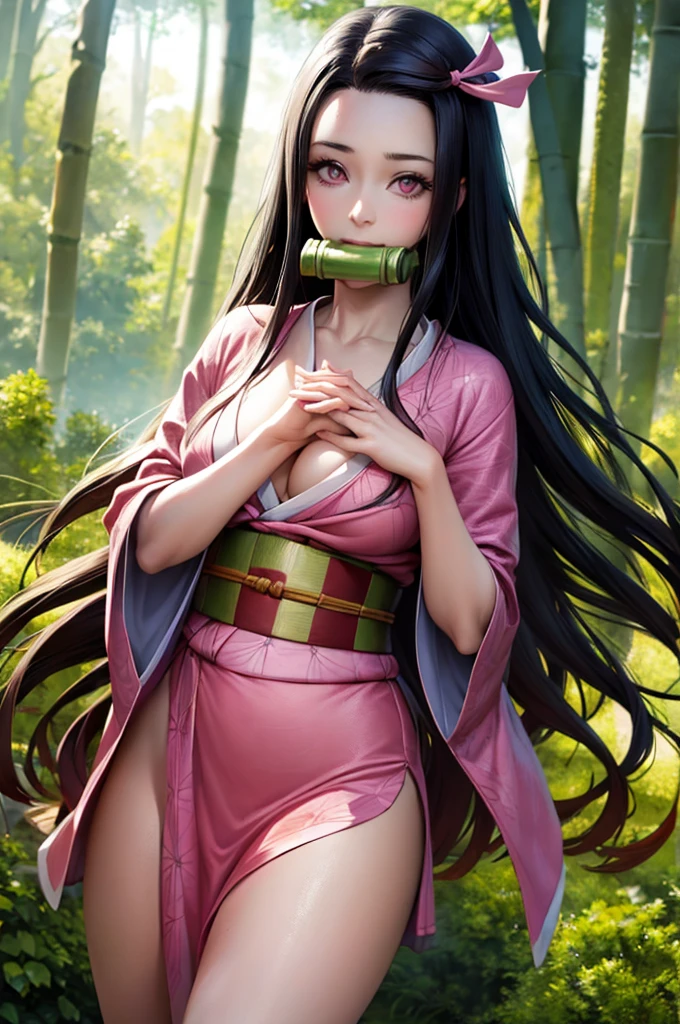 masterpiece, best quality, highly detailed, ultra high res, (photorealistic:1.8), unreal_engine, photograph, realistic_skin_texture, nezuko, kamado nezuko, 1girl, solo, long hair, black hair, pink eyes, multicolored hair, hair ribbon, (bamboo gag, bite gag), portrait, looking at viewer,  smile, pink kimono, own hands together, rialistic photo、Real Images、Top image quality、​masterpiece, (Pink kimono), seductived faced, good lighting, beautiful thigh、adult appeal、Adults、Big、cleavage, finely detail, ​masterpiece,I can see my 、 radiant eyes, 1girl in, A dark-haired, SUCK, Kamado Nezuko, wisteria background, ​masterpiece, top-quality, POV,,