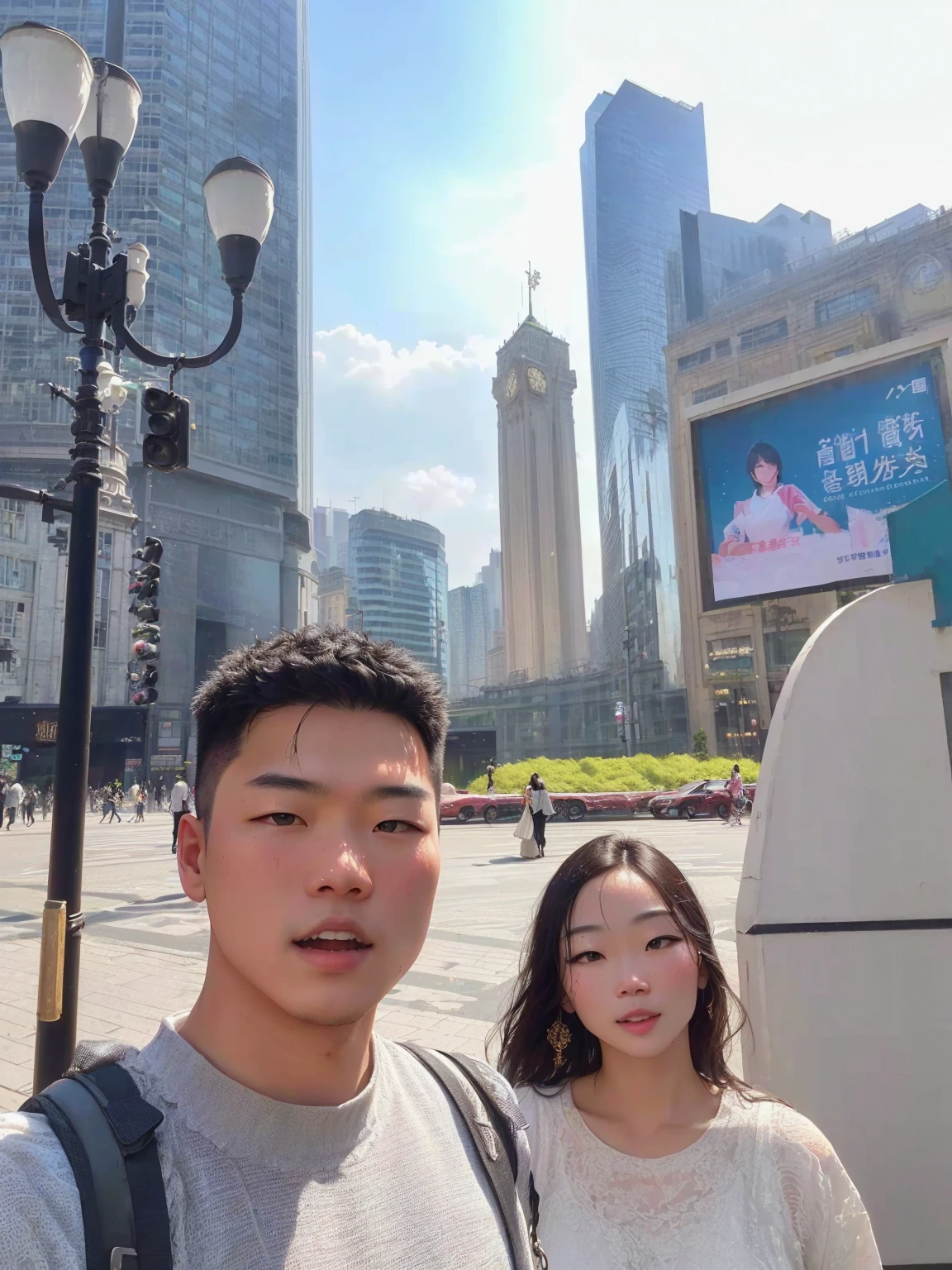 there are two people standing in a city square with a clock tower in the background, 8k selfie photo, 站in the middle of the city, Ruan Jia and Fenghua Zhong, Skyscrapers in the background, in a city square, On the city streets, in the middle of the city, On the city streets, from China, City background