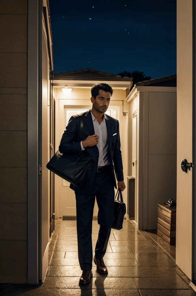 A man with office bag go out from his home at night