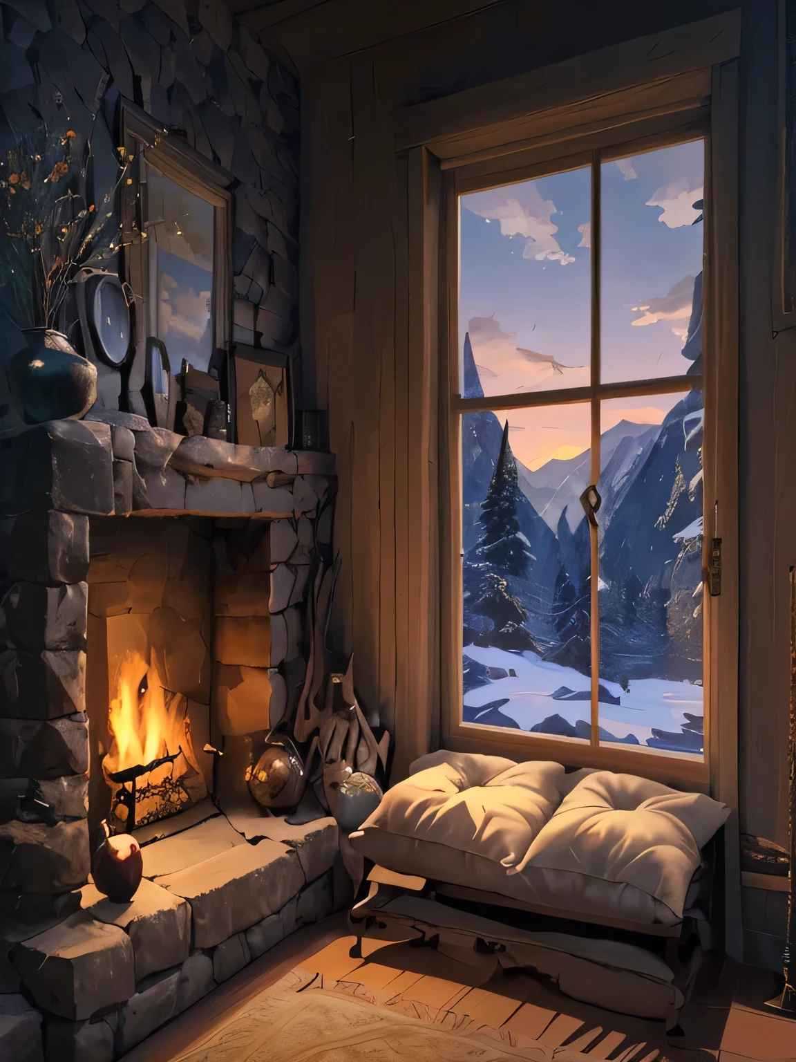 A cushioned window seat，The background is a landscape, There is a cozy fireplace nearby