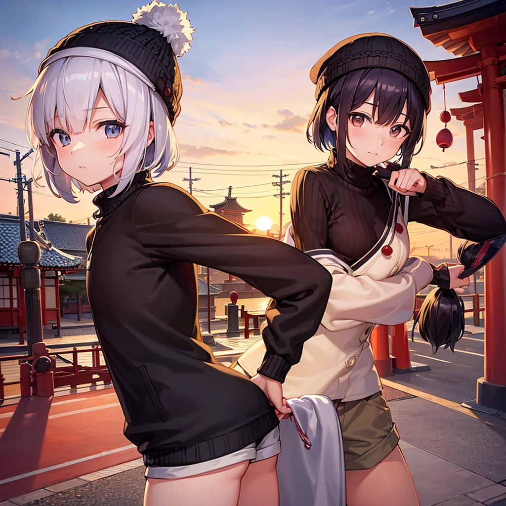 8K ultra-high quality，Super beautiful man，Short Bob，Long sleeve，Shorts，Knitted hat，chest，Asakusa（In front of Kaminarimon），sunset，Longing for someone，