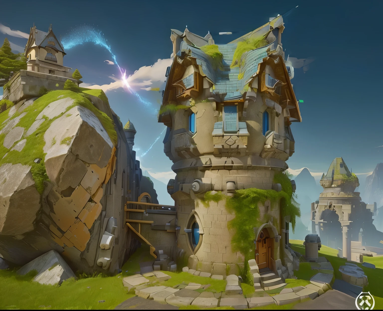 (turret), Top-centered, no background needed, Overwatch style, lol 게임의 turret,stone material, fantasy, Middle Ages, A big lump, no roof,