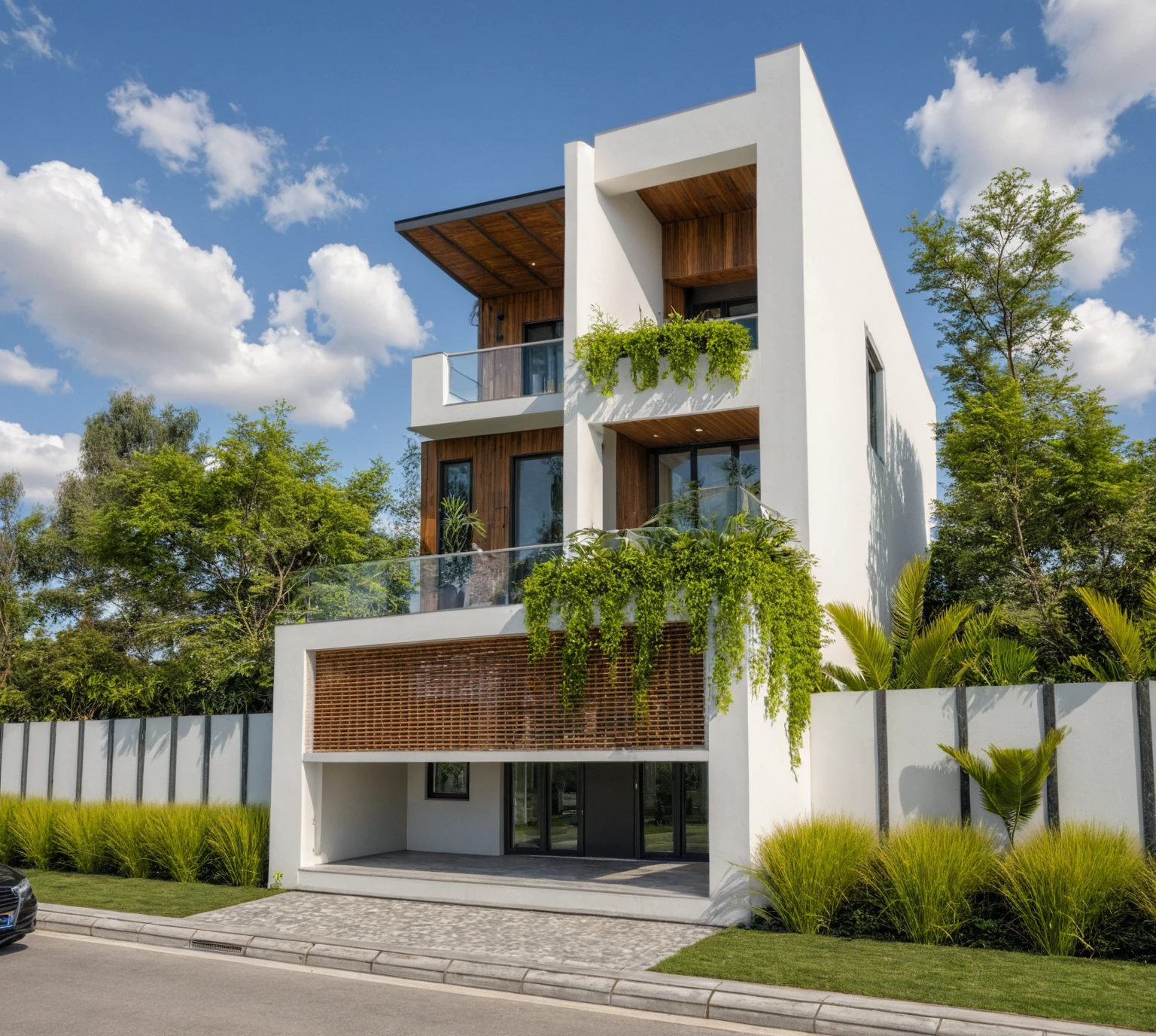 Masterpiece, high quality, best quality, authentic, super detail, outdoors, onestoreyvillaXL, aiaigroup, house style modern on the street ,stairs, white wall ,road,pavement, grass, trees, sky, cloud, (daylight:1.1)
