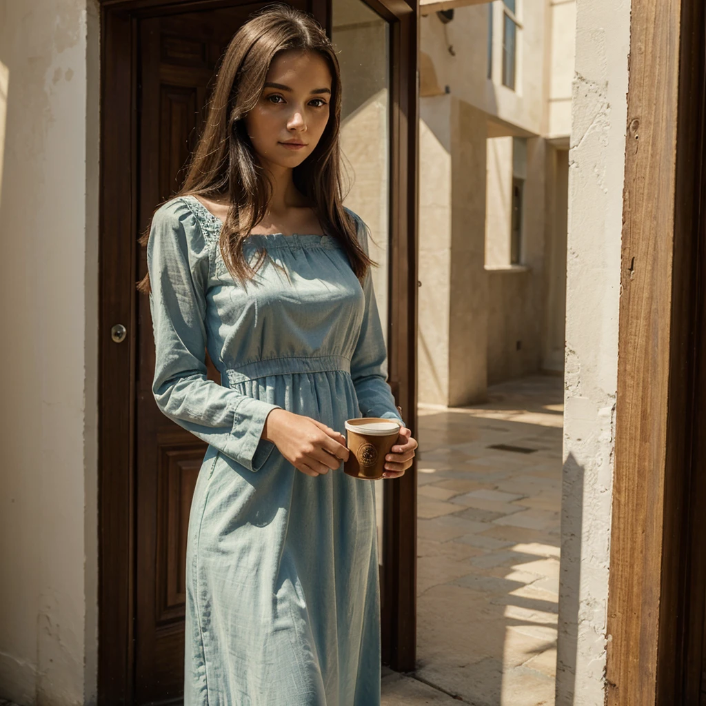 ((best quality)), ((masterpiece)), (detailed), 1girl, long dress, holding coffee in hand