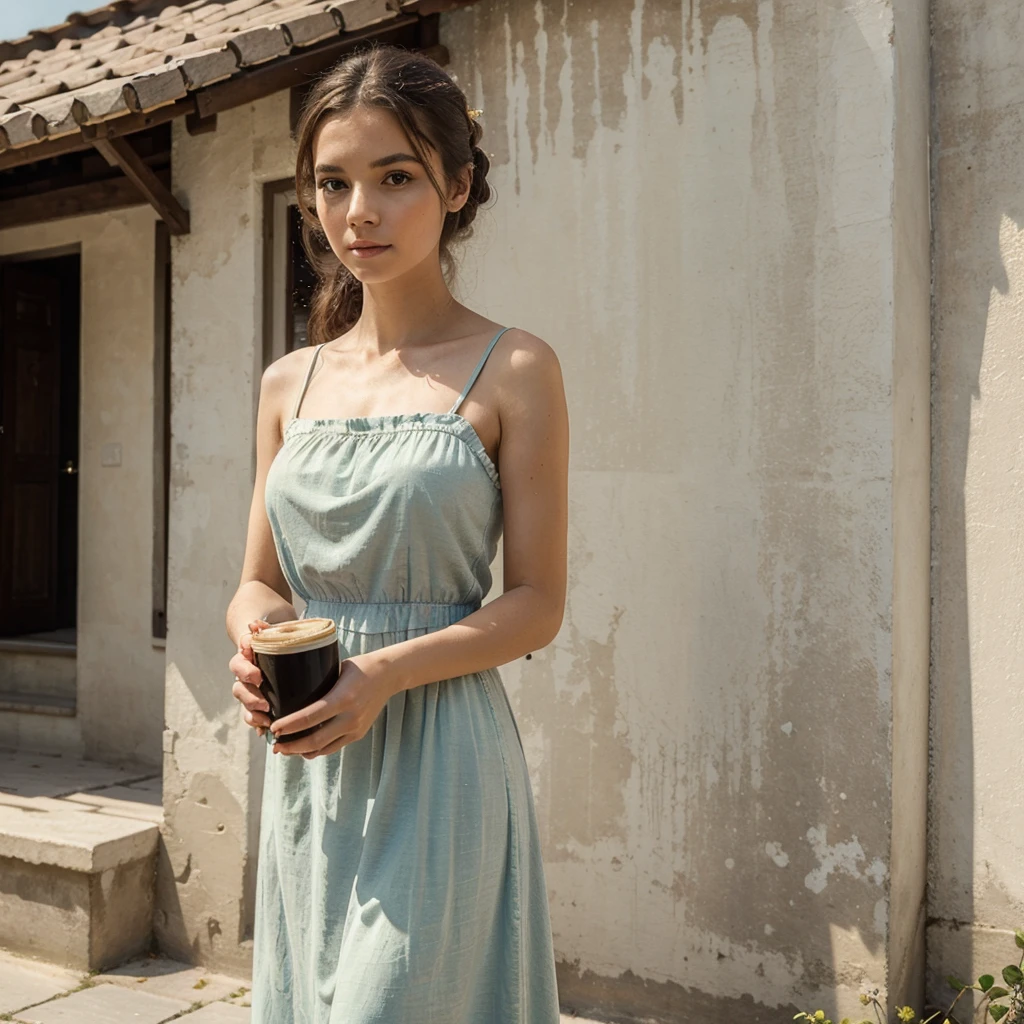((best quality)), ((masterpiece)), (detailed), 1girl, long dress, holding coffee in hand