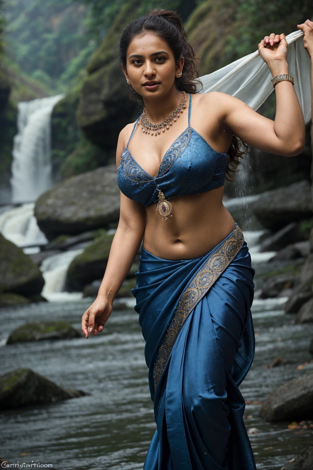 Aanchal Saberwal day scene, extreme close up photo of naked latina, hourglass figure, swooping breasts, showing deep cleavage, open arms, jumping high near waterfalls, ponytail, necklace, blue satin silk half saree, look at viewer, (cinematic:1.3), intricate details, (ArtStation:1.2)