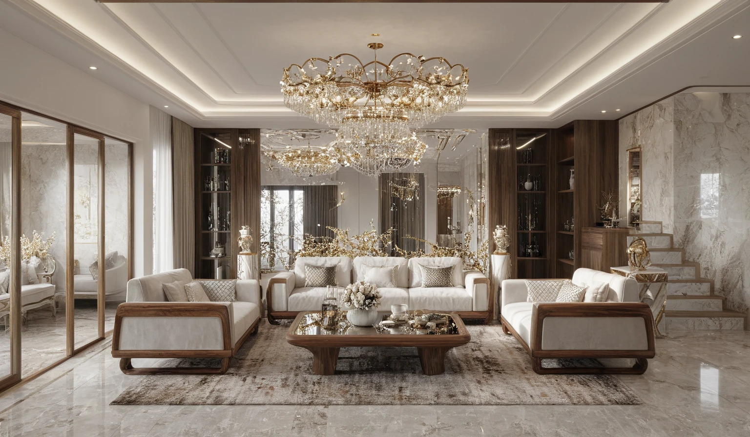 ,Masterpiece, Best quality,8K, Ultra-high resolution,When you step into the ( living room  : 1.1)  ,Immediately surrounded by a rich atmosphere of luxury. The space  was covered with a soft white fluffy blanket,It is so comfortable,So much so that you can't help but indulge in it。Embellished with precious porcelain and white-off gold ornaments。Whenever it is late afternoon,The afterglow from the window spilled on the floor,Soft light and shadow are reflected,It was as if entering a dreamland. ((Wooden chair and table : 1.3)), ((COLUMN MIRROR : 1.3))