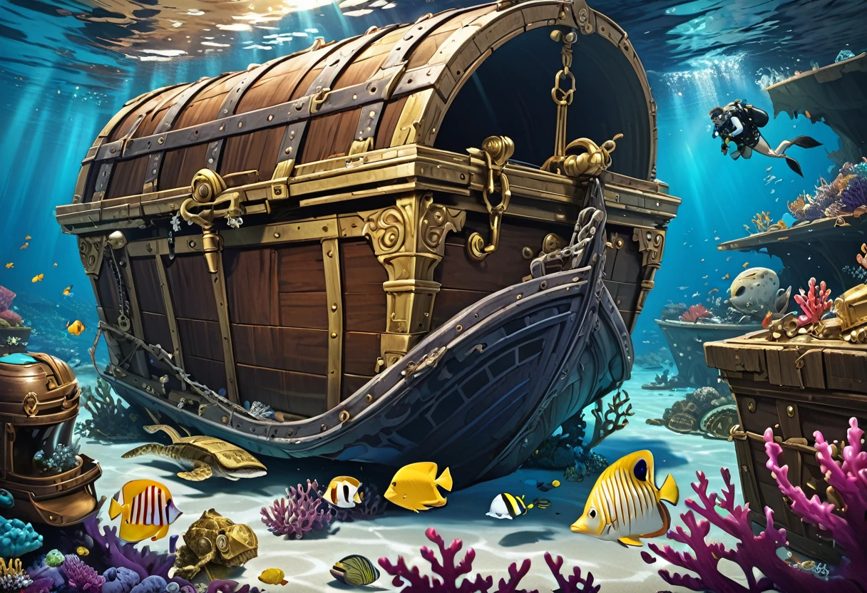 sunken ship on the ocean floor、A monster disguised as a treasure chest、Exploring Divers、Reality、Fantasy、