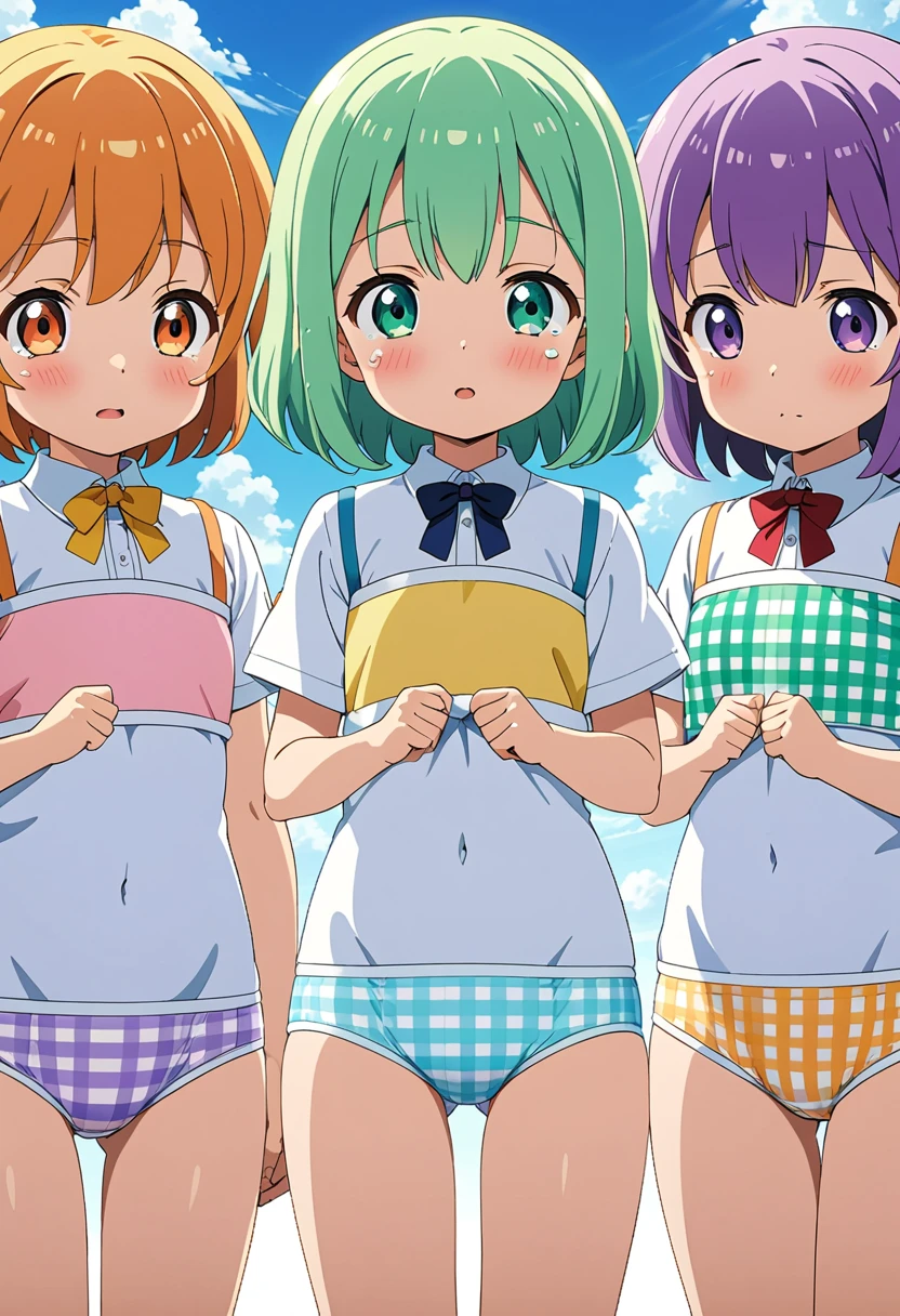 Lori　Petite　Child body type　Five people in a row　Primary school students、学生服のスカートを捲り上げてunderwearを見せる、Horizontal stripes　Gingham check　Polka dot pattern　race　underwear、pink　blue　green　purple　yellow　orange　white　pastel　カラーのunderwear、食い込んだunderwear、Shyness、Tears、Push your butt out towards the front、Back view、Anime exclusive