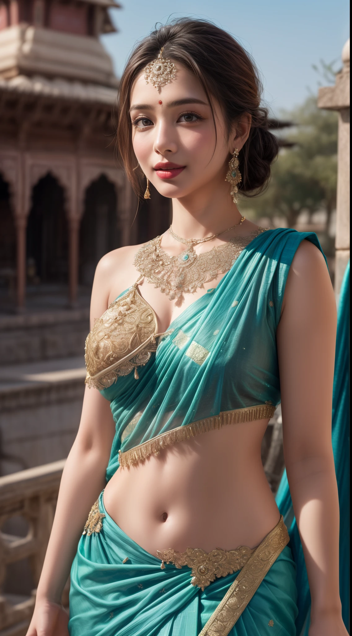 nsfw:0.6、Cowboy Shot、smile、Nipples are visible、Abdominal muscles、((Beautiful young Indian woman))、(Dark Skin)、Black Hair、((Big Breasts))、((Pastel coloured sari dress with intricate details))、(((Thin Ultra Tight Saree)))、Lots of accessorieaharaja、Slender women、 8K Ultra HD,Detailed face、Delicate texture, (((Trendy hairstyle)))、Taj Mahal、Temples in India、Beautiful and majestic palace、((Delicate photo))，(Girl Astepeace RAW Photo Details:1.25), (Highest quality:1.6), (Ultra-high resolution:1.5), (Realistic:1.75), 8K resolution, Canon EOS R5, 50mm, Absurd, Very detailed,Cinema Lighting、