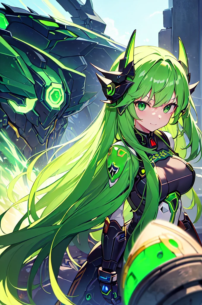 (((masterpiece))), (upper body), 1girl, solo, Green hair, long hair, Green eyes, (slant eyes), science fiction, (mecha musume:1.5), mechanical parts, headgear, doragon mechanical tails, ((mechanical Black dragon Armor)), Evil smile face, (((Energy Monster))), Anime style