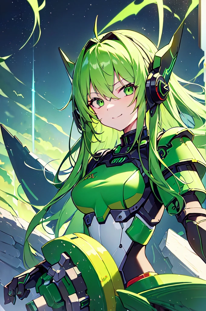 (((masterpiece))), (upper body), 1girl, solo, Green hair, long hair, Green eyes, (slant eyes), science fiction, (mecha musume:1.5), mechanical parts, headgear, doragon mechanical tails, ((mechanical Black dragon Armor)), Evil smile face, (((Energy Monster))), Anime style
