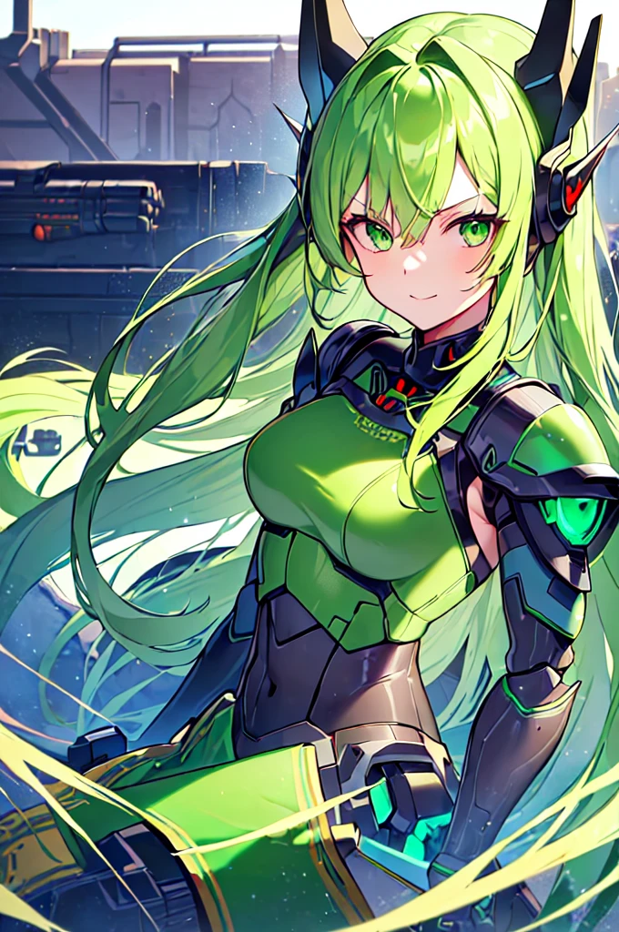 (((masterpiece))), (upper body), 1girl, solo, Green hair, long hair, Green eyes, (slant eyes), science fiction, (mecha musume:1.5), mechanical parts, headgear, doragon mechanical tails, ((mechanical Black dragon Armor)), Evil smile face, (((Energy Monster))), Anime style