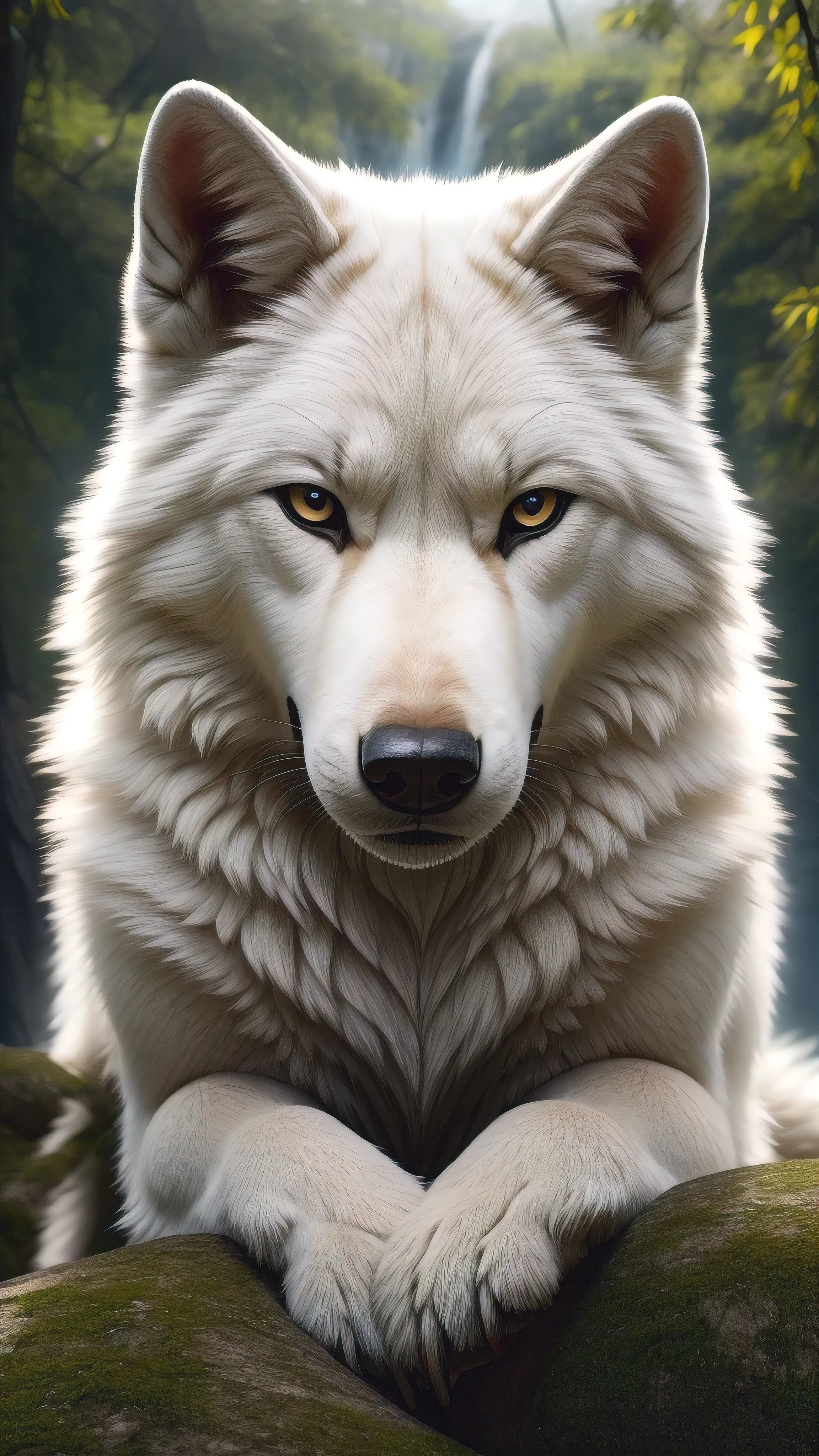 Feral white wolf Looking at the viewer 