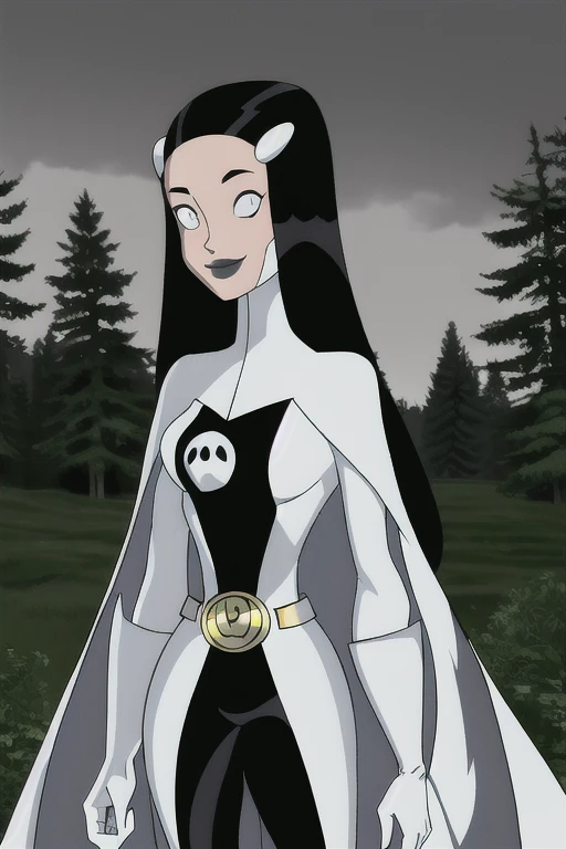 Phantom girl, Tinya Wazzo, solo, girl1, long black hair, bodysuit. grey eyes, smile, grey lips, belt, long white cape, white gloves, best quality, masterpiece, standing, forest, night, behind view 