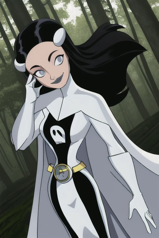 Phantom girl, Tinya Wazzo, solo, girl1, long black hair, bodysuit. grey eyes, smile, grey lips, belt, long white cape, white gloves, best quality, masterpiece, standing, forest, night, behind view
