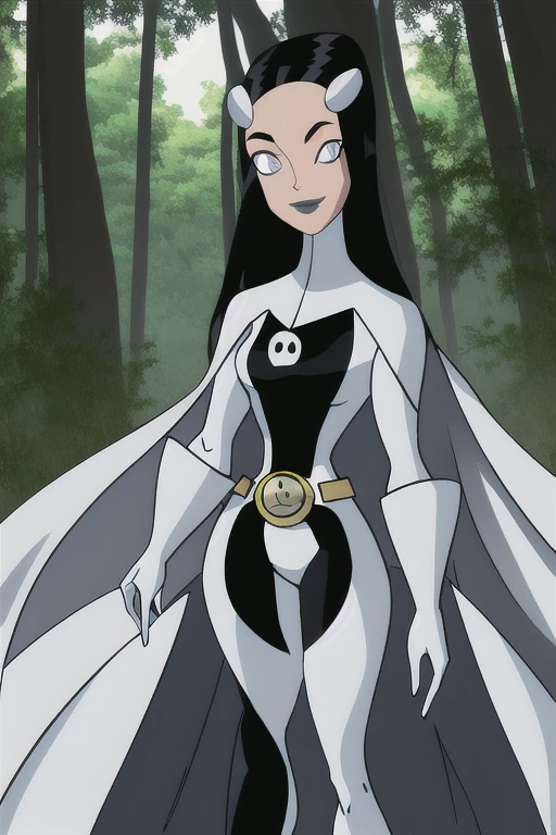 Phantom girl, Tinya Wazzo, solo, girl1, long black hair, bodysuit. grey eyes, smile, grey lips, belt, long white cape, white gloves, best quality, masterpiece, standing, forest, night, behind view