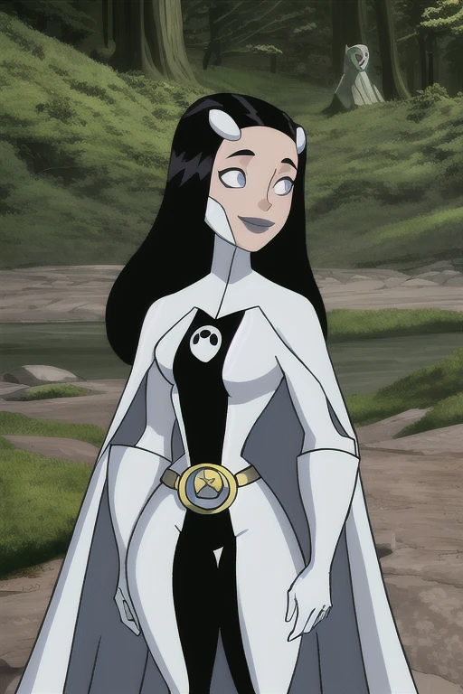 Phantom girl, Tinya Wazzo, solo, girl1, long black hair, bodysuit. grey eyes, smile, grey lips, belt, long white cape, white gloves, best quality, masterpiece, standing, forest, night, behind view