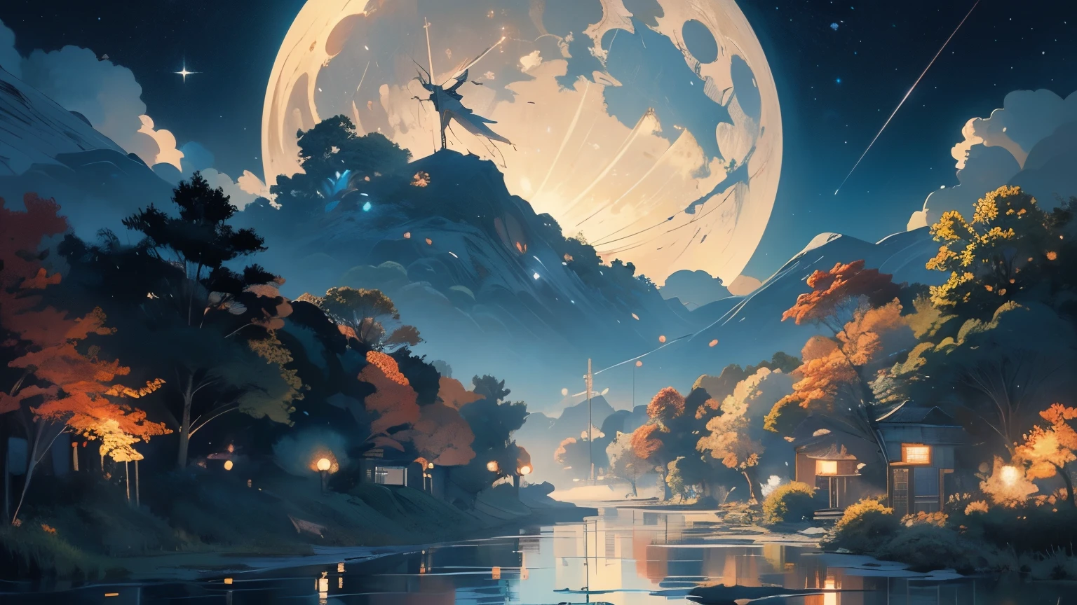 Painting of a river with stars and moon floating in the sky, Concept art inspired by Mitsuoki Tosa, pixiv Contest Winner, Highest quality, Fantasy art, Beautiful anime scene, Bright Moon, 月明かりとStarry Skyの環境, Dream painting, Anime Background Art, Fantasy Landscape Painting, Fantasy Night, Anime Background, Background artwork, Great art, Atmospheric anime, Starry Sky, Detail enhancements.