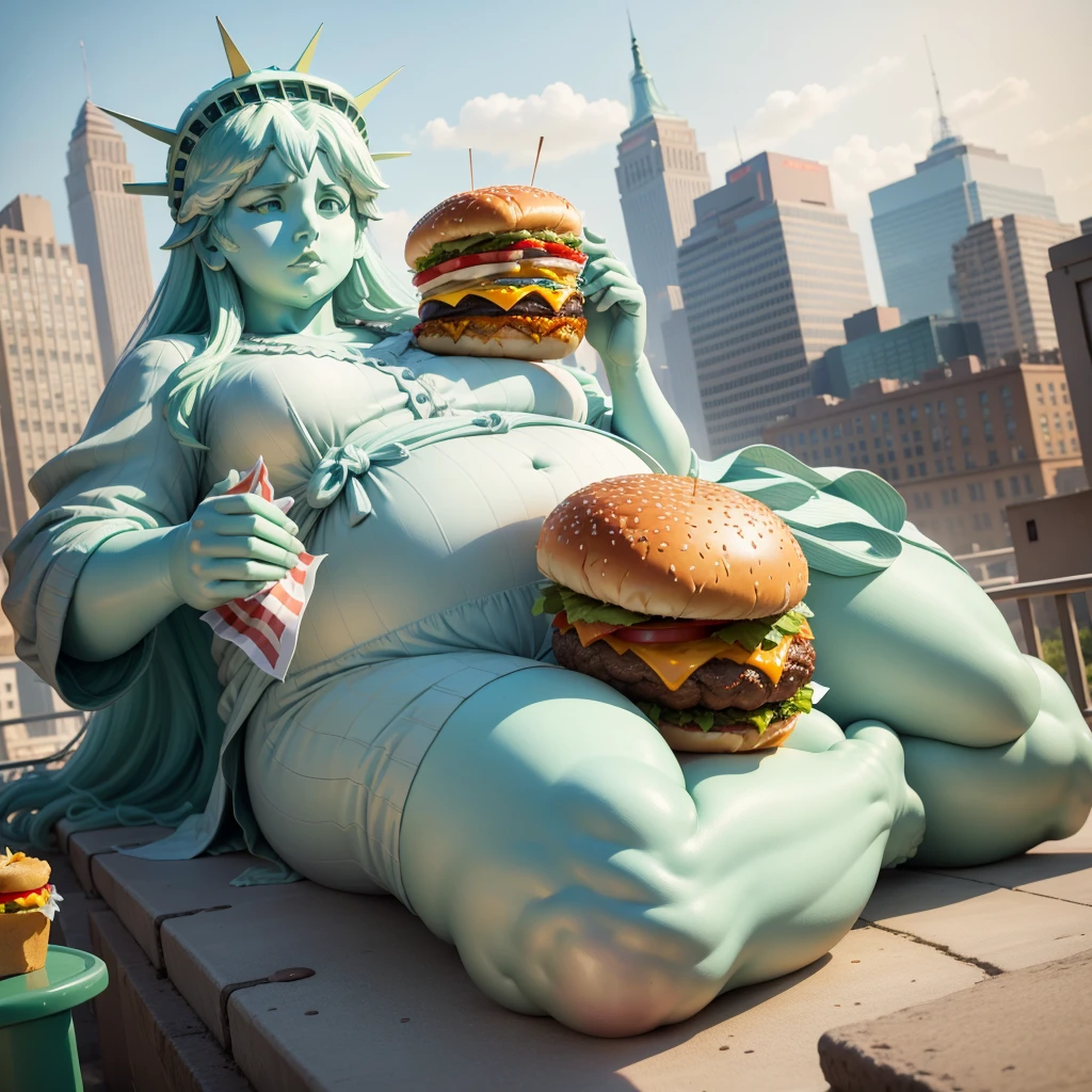 A fat, realistic statue of liberty Lying down Eat a hamburger There are 10,000 hamburgers