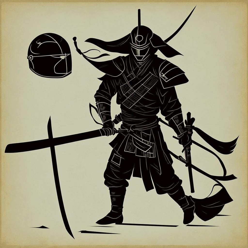 Minimalistic, samurai, helmet, katana, silhouette, geometric, modern, sleek, negative space, monochrome.