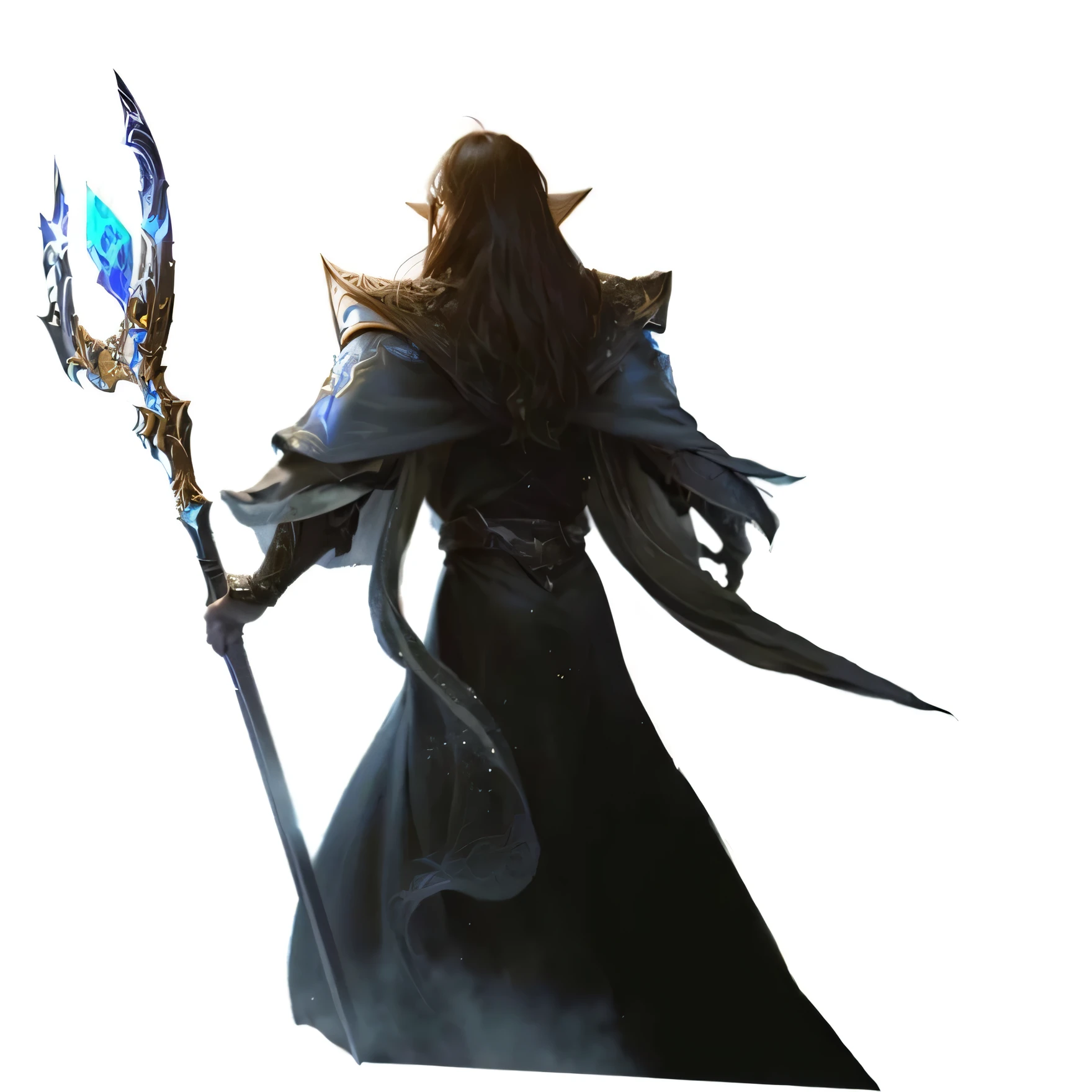 a powerful male arch mage in a long black robe, holding a glowing magical sword, dramatic lighting, fantasy, intricate details, cinematic composition, digital art, highly detailed, hyper realistic, octane render, 8K, masterpiece,back