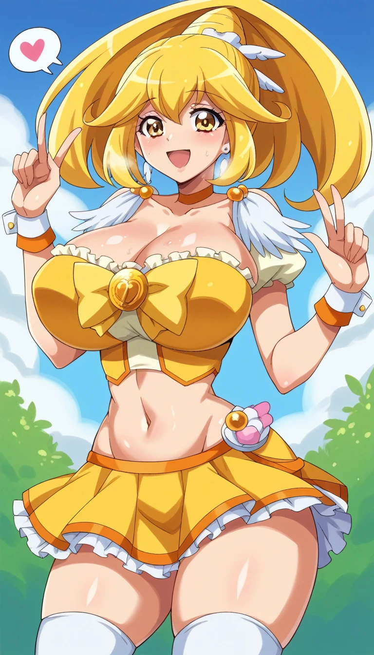 score_9, score_8_up, score_7_up, outdoor,
BREAK
source_anime, 
BREAK
1girl, curepeace, yellow hair, elect big nipple, huge breasts, happy, closed mouth, spoken heart, 
navel,  skirt,
tall, leggy, glistened skin, oiled skin, shiny skin, heavy breathing, wide hips, tight waist, thick thighs,
contrapposto,
looking_at_viewer,