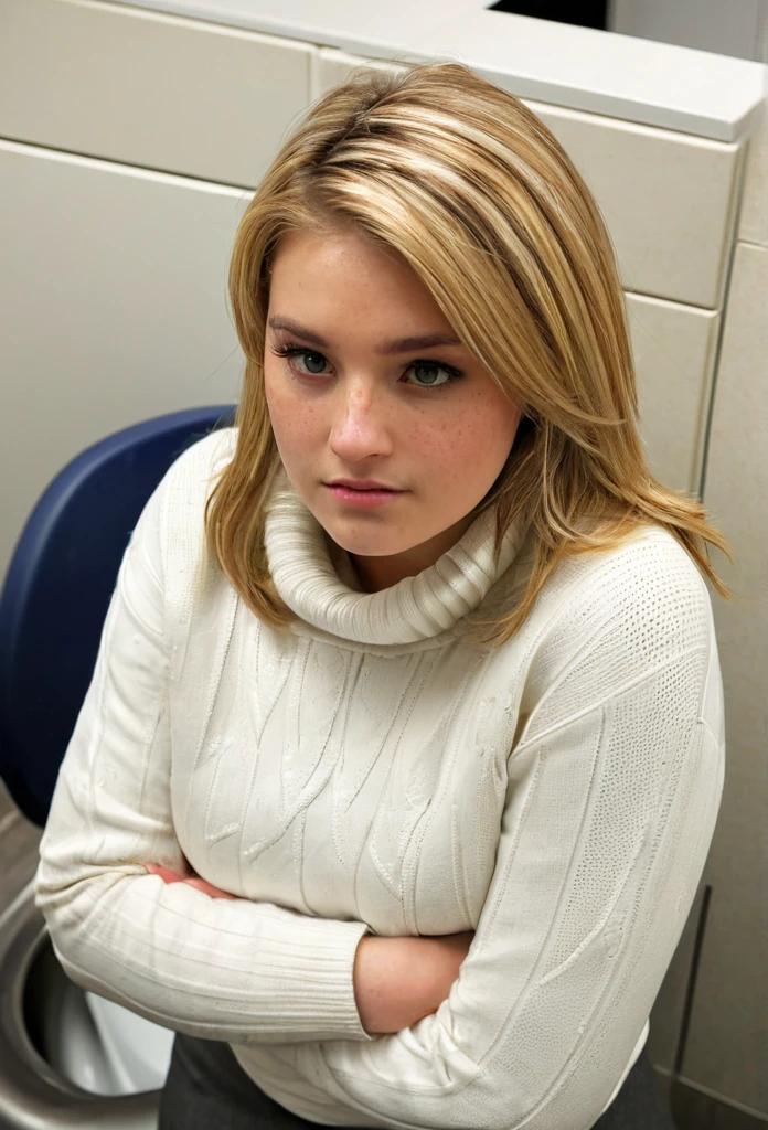 (realistic, photorealistic,photo-realistic:1.37), ((Best quality)), ((masterpiece)), (detailed), ((NFV)), ((solo blonde seventeen year old beauty)), ((secretary in a thick white sweater)), ((whole body)), ((huge breasts under a sweater)), ((toilet stall in the office near the toilet)), ((sad expression, Cute dimples)), ((freckles)), ((Skinny long skirt), ((Well-drawn hands)), ((well-drawn anatomy)), ((Cinematic lighting)) One, shot from above