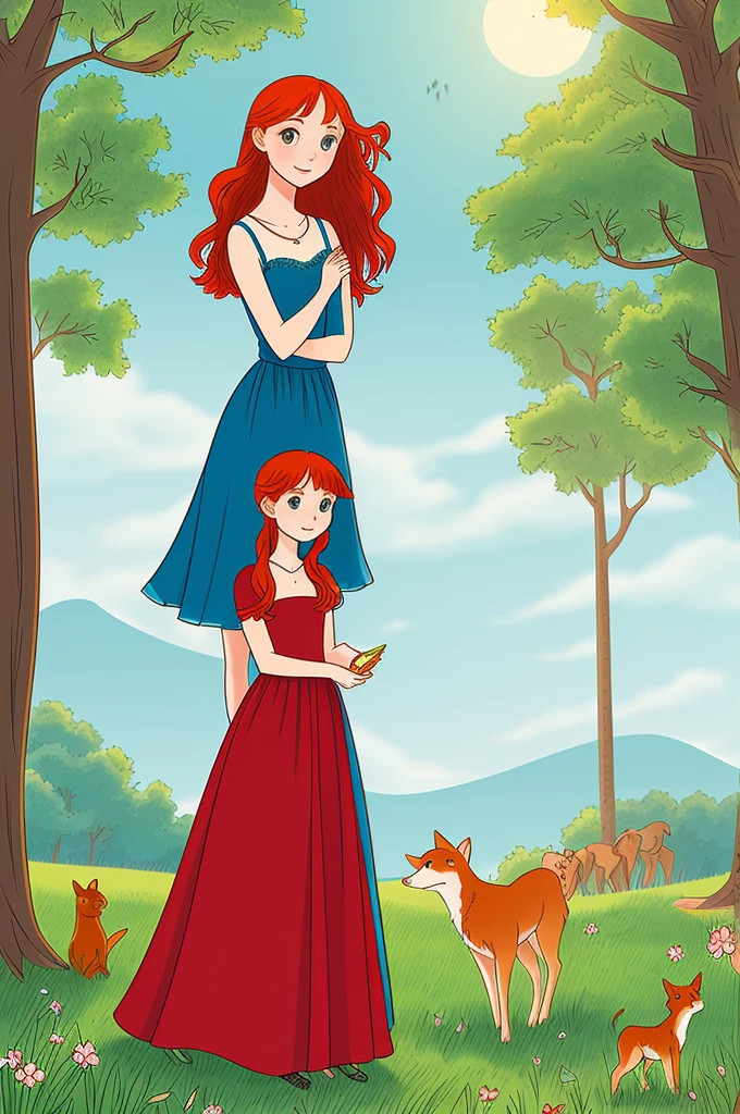 Illustration for a fairy tale about a young beautiful red-haired girl in a beautiful long blue dress,who stands in a mixed forest on a sunny summer day and knows how to talk to animals. 