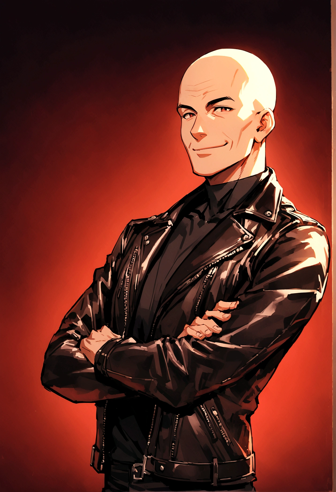 A thin and handsome 40 year old man, Wearing a leather jacket, bald, Black beanie. Dark Red Background, studio, looking at the camera, Are standing Smiling a little