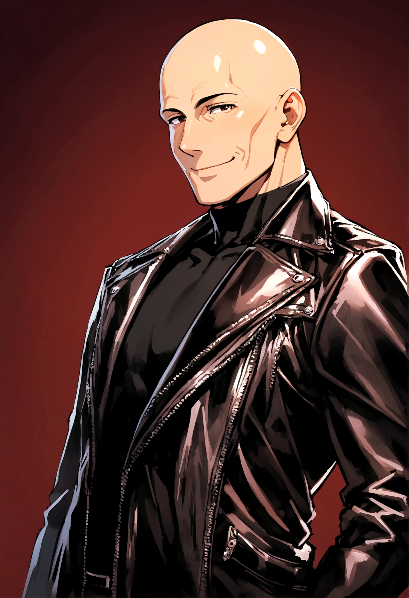A thin and handsome 40 year old man, Wearing a leather jacket, bald, Black beanie. Dark Red Background, studio, looking at the camera, Are standing Smiling a little