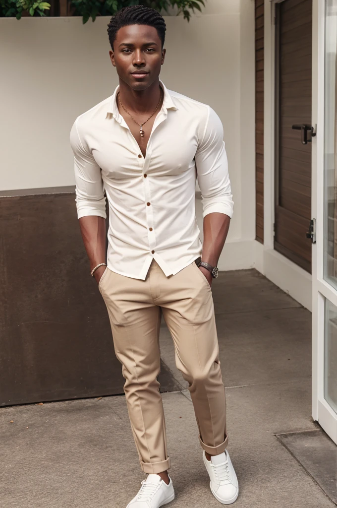 Chocolate boy wearing white shirt tuck in , cream pants, with dark brown causal shoes