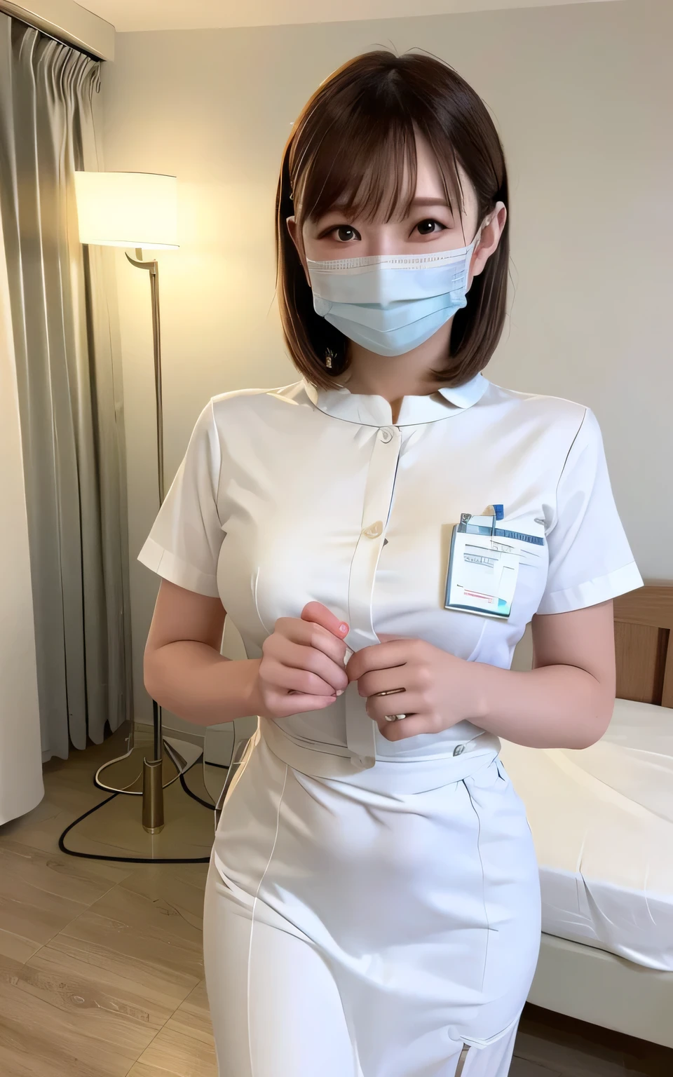 1 Girl,(Wearing white nurse clothes:1.2),(RAW Photos, Highest quality), (Realistic, photo-Realistic:1.4), masterpiece, Very delicate and beautiful, Very detailed, 2k wallpaper, wonderful, finely, Very detailed CG unity 8k wallpaper, Very detailedな, High resolution, Soft Light, Beautiful detailed girl, Very detailed eyes and face, Beautiful and detailed nose, finely beautiful eyes, nurse, Perfect , Black Hair, Upstyle, nurse uniform, ((mask)), Long skirt, nurse, White costume, thin, hospital, clear, White Uniform, hospital room, Neck auscultation,Bobcut