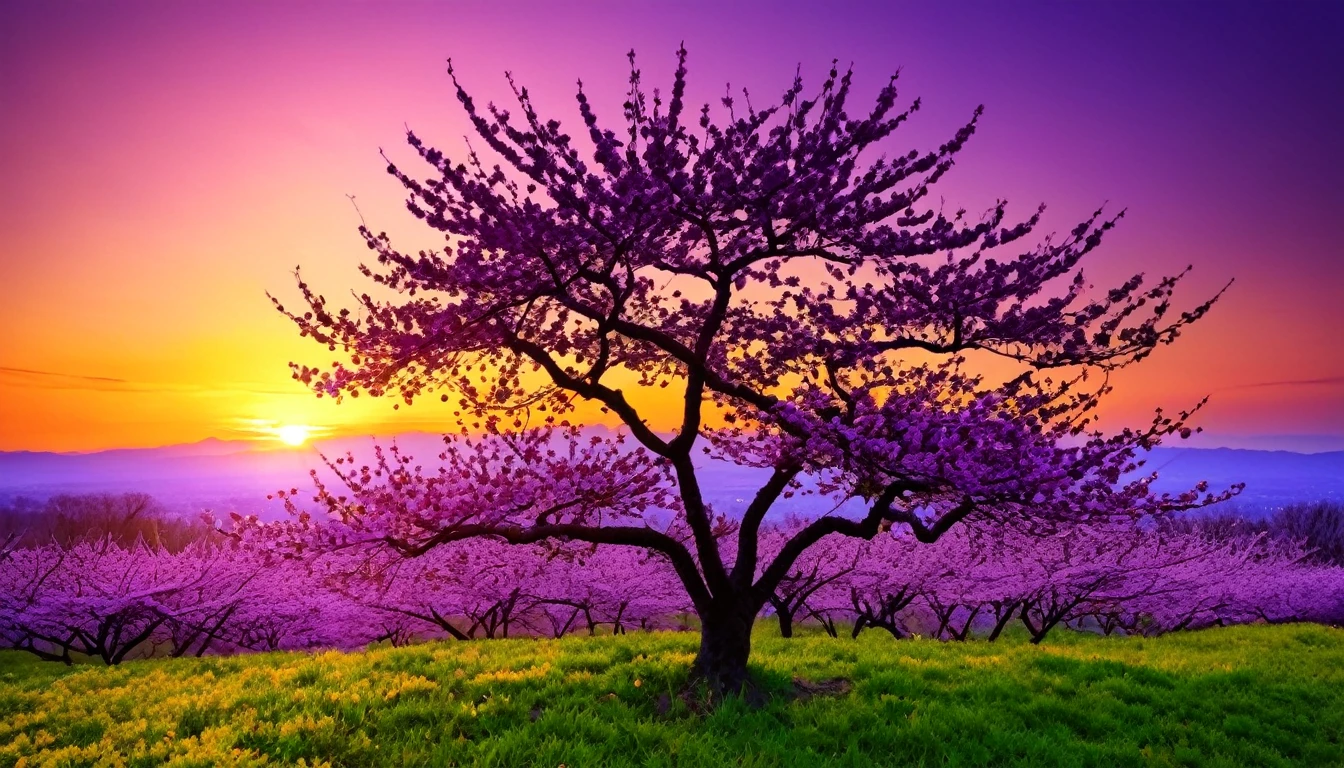purple cherry blossom against sunset, really beautiful nature, cherry blossom in full bloom, purple beautiful sky, purple and yellow sunset, fantastic landscape, highly detailed