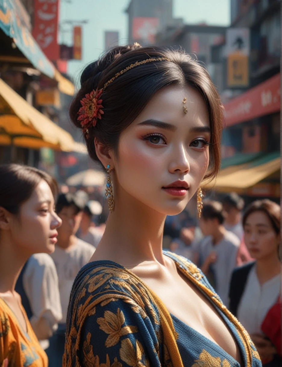 A masterpiece of optical realism, Highly detailed, lifelike 8k photos, Best movie quality, Volumetric light and shadow, femaleสาวในชุดสีทาหน้า ktrmkp, beautiful_female_shape__, __background__ Full of busy people, __beautiful_shot__ 