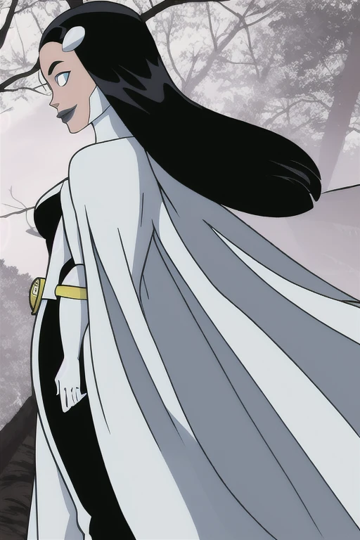 Phantom girl, Tinya Wazzo, solo, girl1, long black hair, bodysuit. grey eyes, smile, grey lips, belt, long white cape, white gloves, best quality, masterpiece, standing, forest, night, from behind