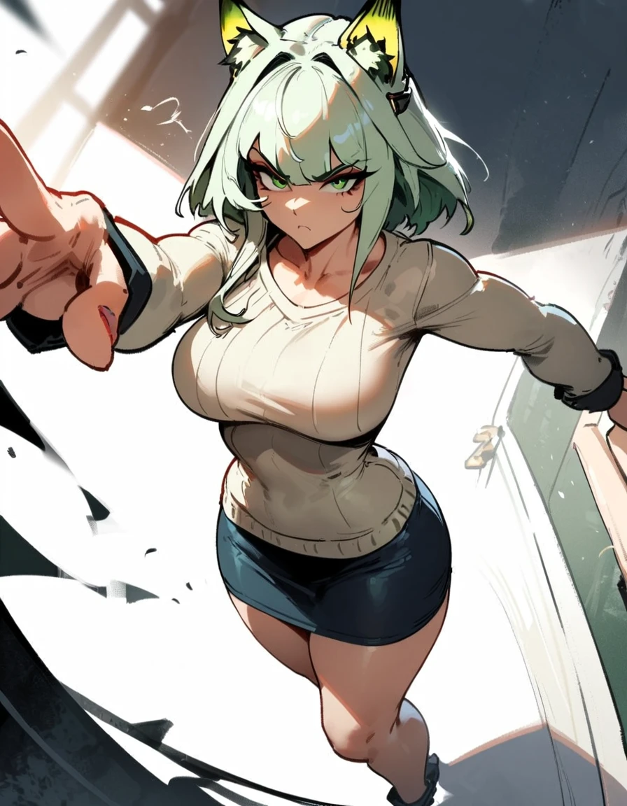 1girl, kal'tsit \(arknights\), arknights \\\\\ masterpiece, best quality, very aesthetic, absurdres, newest \\\\\\ slim body,///// ,by nyantcha,cutesexyrobutts , by khyle,,////// beautiful face, sexy, serious, angry, green eyes, animal ears, big tits, solo, ,skirt, sweater, school girl, white background,school outfit