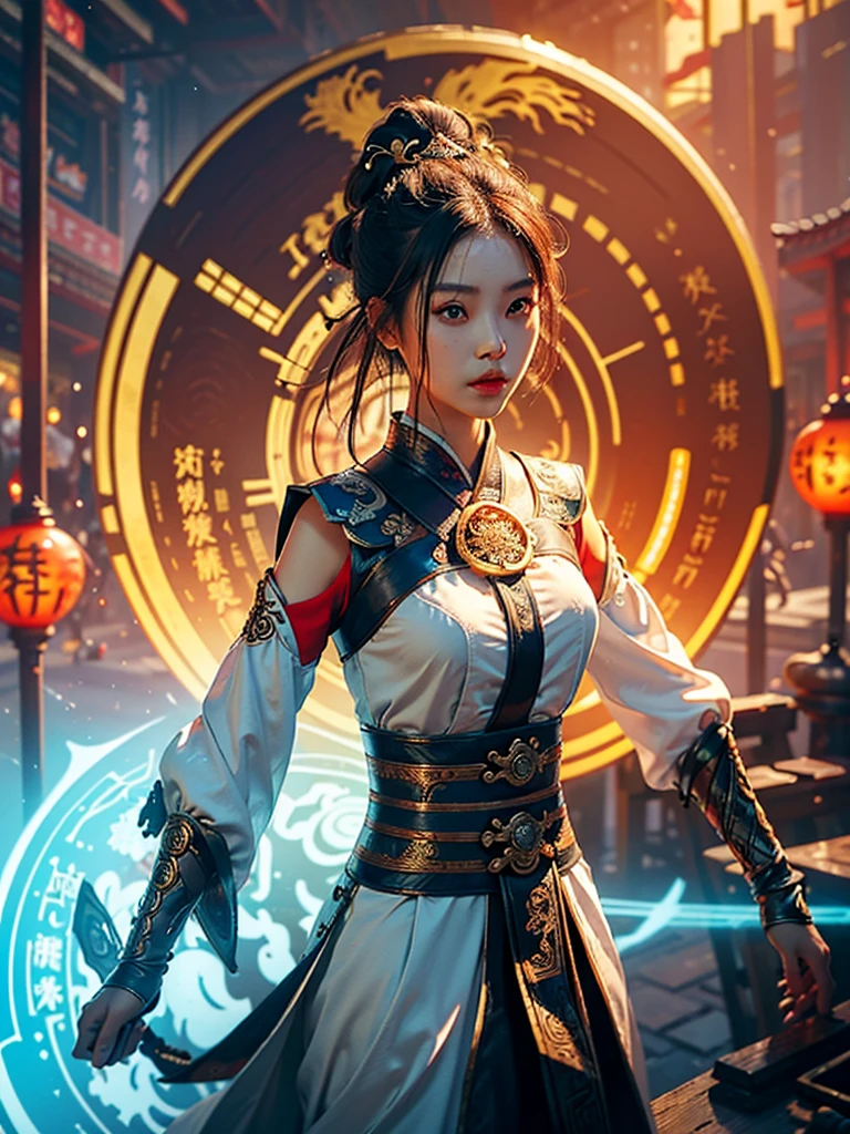 Highest quality, masterpiece, Ultra-high resolution, (Realistic: 1.4), Xiuxian, arms, Detailed aspect, 1 Girl, alone, arms, (magic circle: 1.2), Xiuxian, Upper Body, young woman, whole body, East Asian architecture, sheath, building,