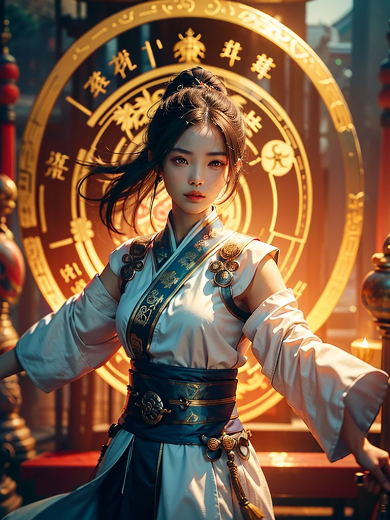 Highest quality, masterpiece, Ultra-high resolution, (Realistic: 1.4), Xiuxian, arms, Detailed aspect, 1 Girl, alone, arms, (magic circle: 1.2), Xiuxian, Upper Body, young woman, whole body, East Asian architecture, sheath, building,