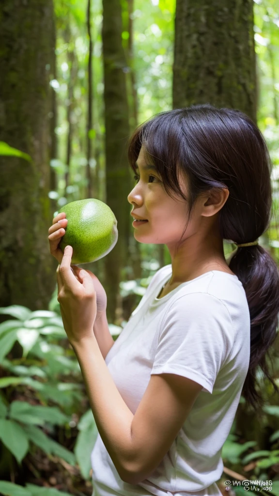 woman, dark brown thai sbai,Cry a little,holding a fruit baske,Himaphan Forest