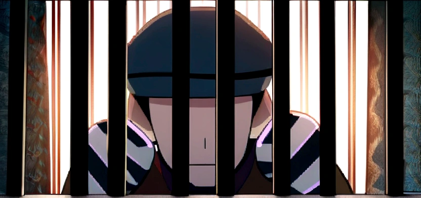a sad prisoner looks out of his cell through metal bars with his hands on the bars, 4K, ultra HD, work of art