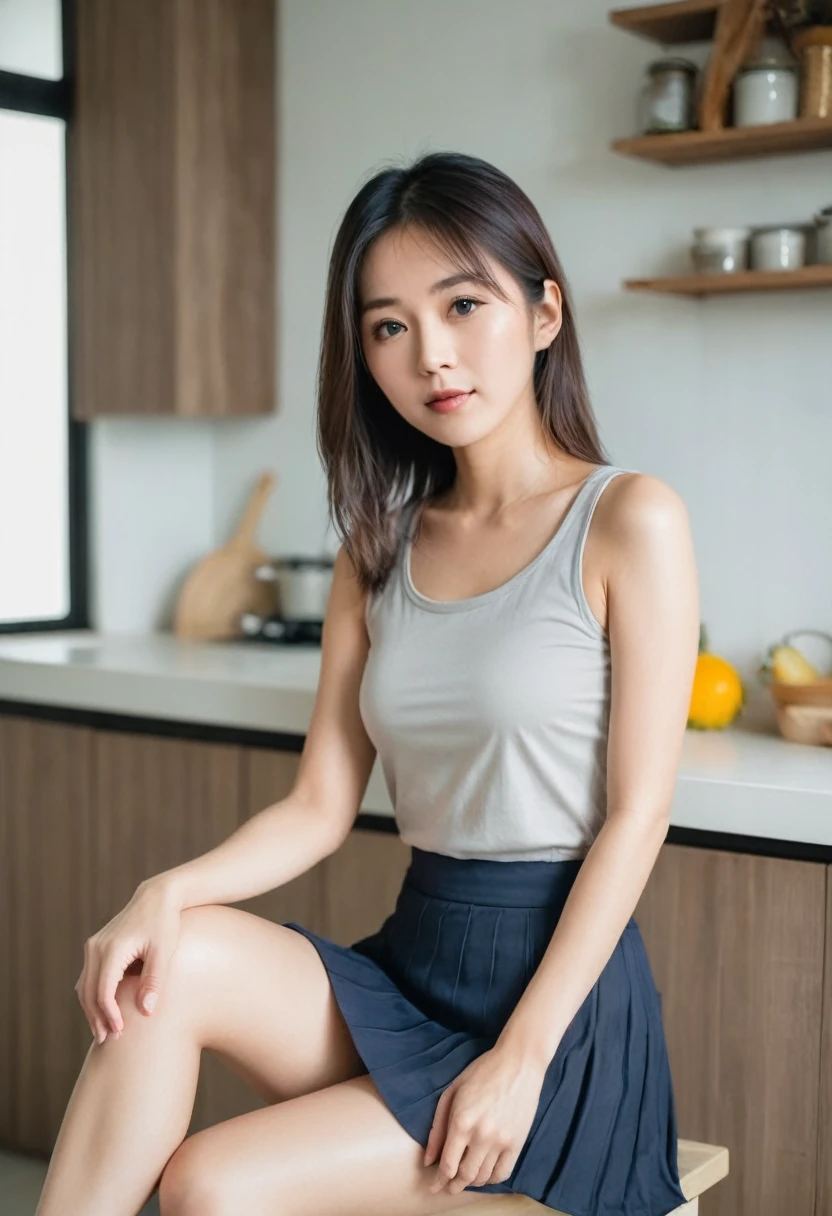 beautiful young asian woman,Wear a sleeveless t-shirt.,Wear a short skirt.,Sitting cross-legged on the kitchen table.