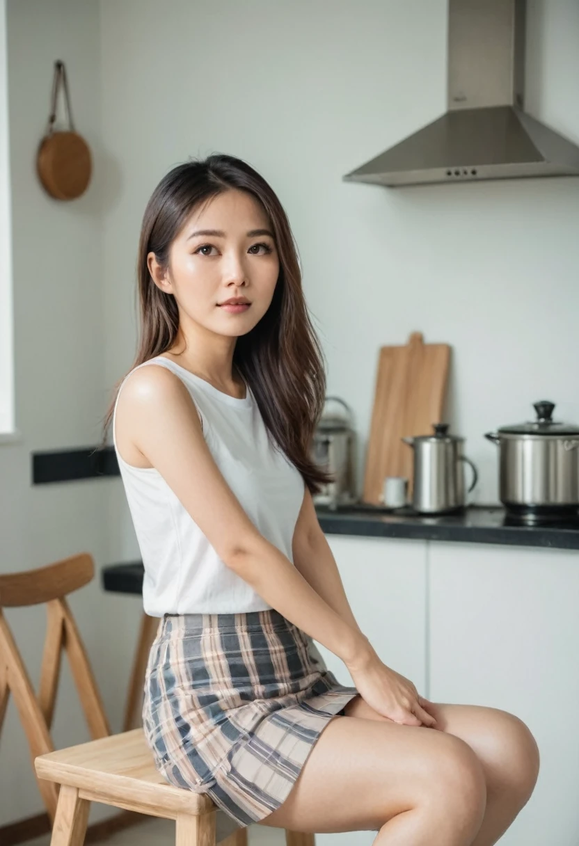 beautiful young asian woman,Wear a sleeveless t-shirt.,Wear a short skirt.,Sitting cross-legged on the kitchen table.